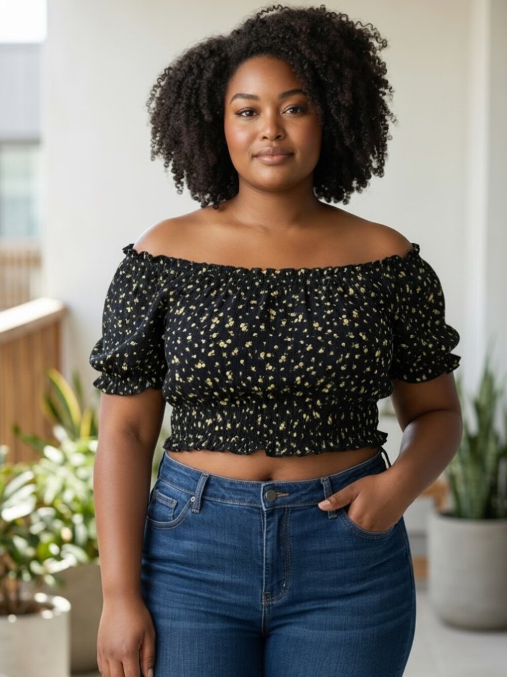 Black Floral Off Shoulder Puff Sleeve Crop Top Size Medium